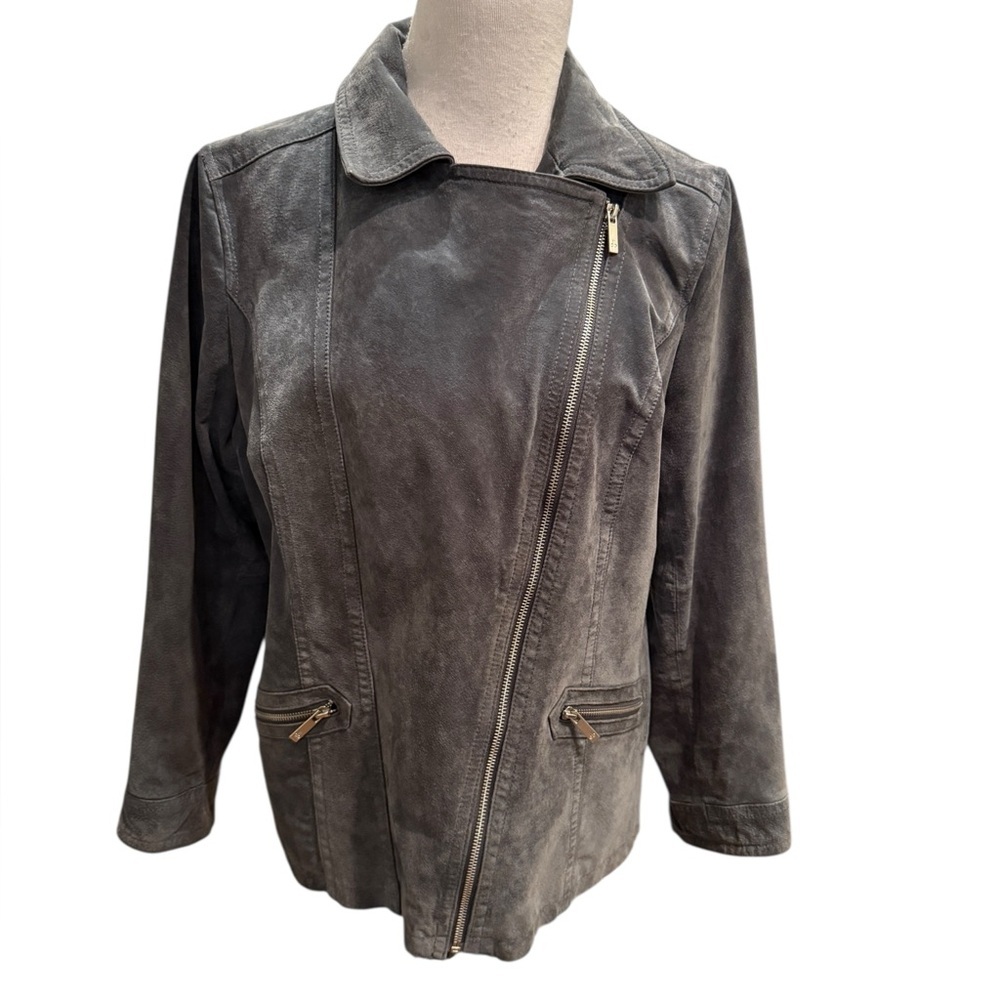 dennis basso Women's Gray/Green Lined Full Zip Suede Leather Jacket Size XL